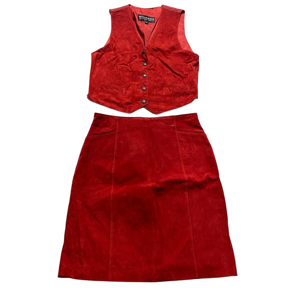 Beautiful Vintage Suede Red Skirt Vest Suit Size L Modern Medium